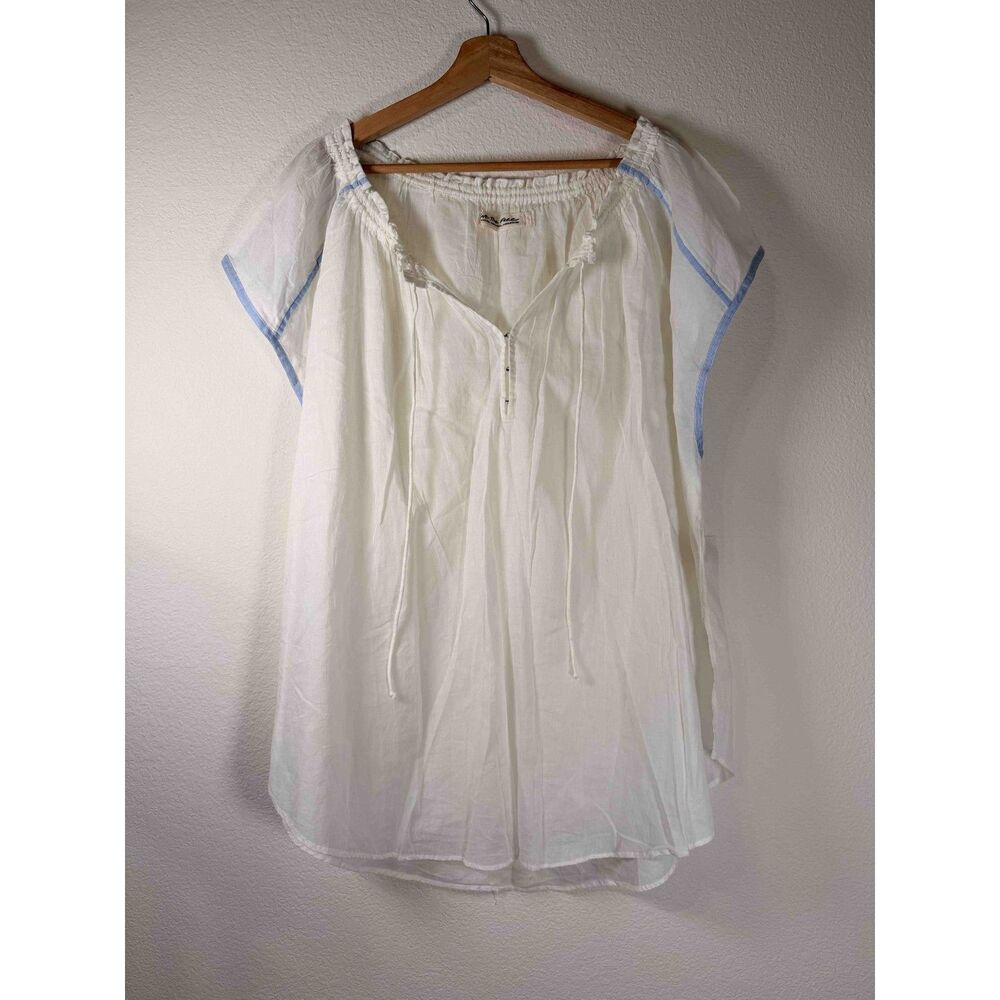 We The Free White Cotton Blue Trim Tassel Tie Boho Gauze Blouse Top Size M NWOT